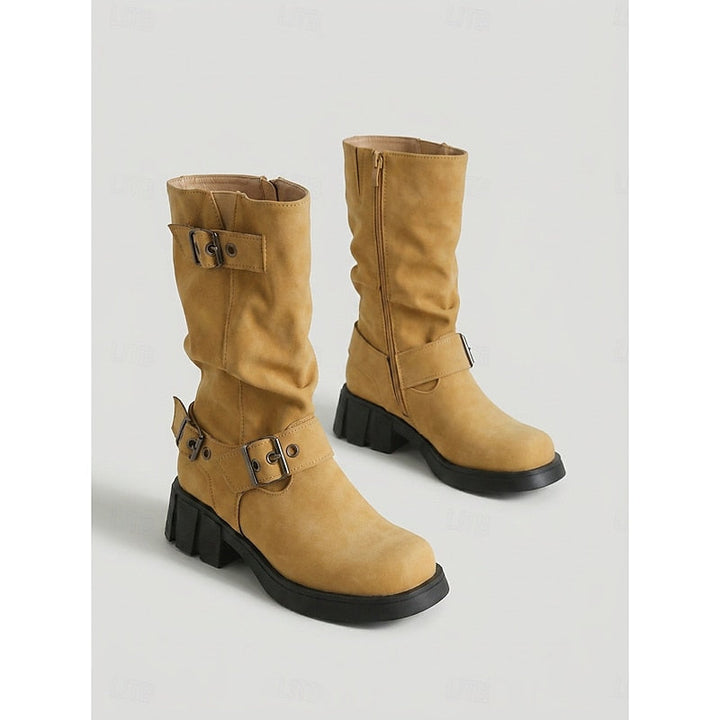 Buckle-Detail Mid-Calf Biker Boots
