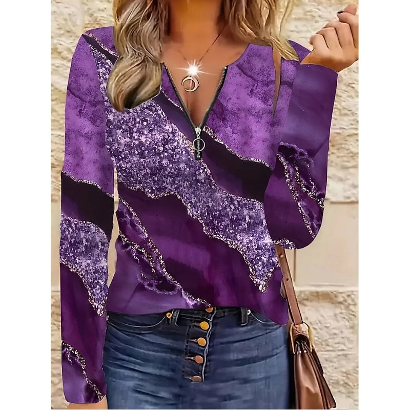 Floral Quarter-Zip Long Sleeve Top