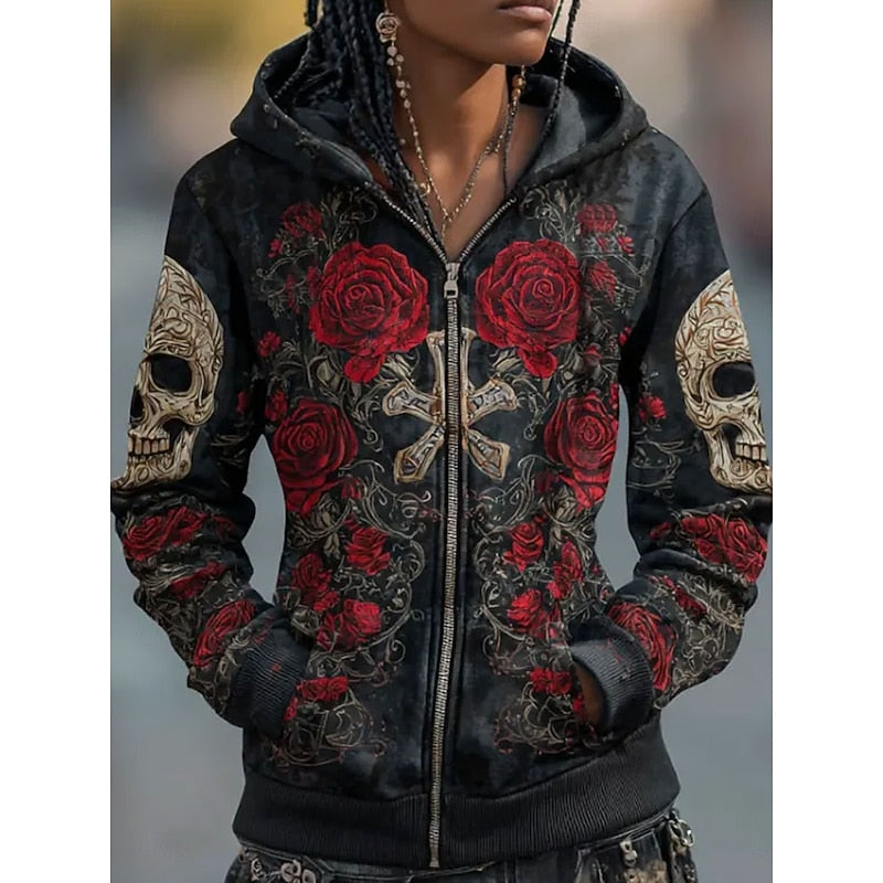 Skull & Rose Zip-Up Hoodie