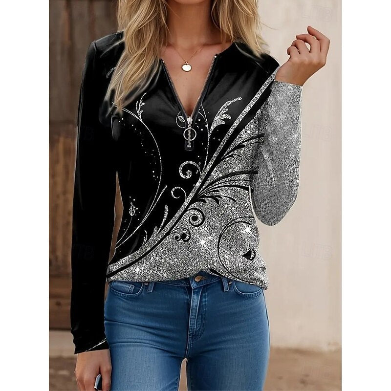 Floral Quarter-Zip Long Sleeve Top