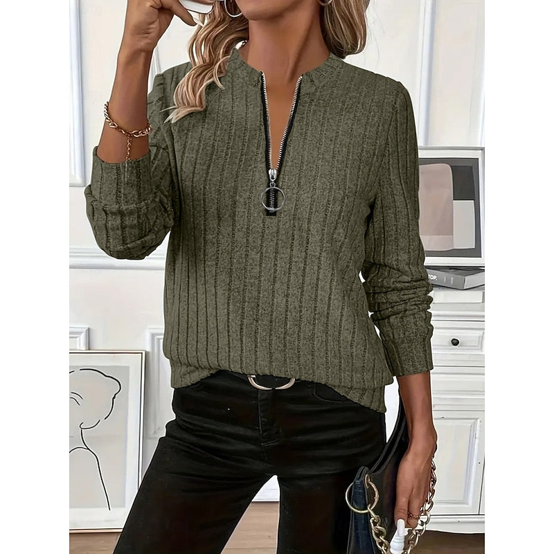 Ribbed Zip-Neck Top