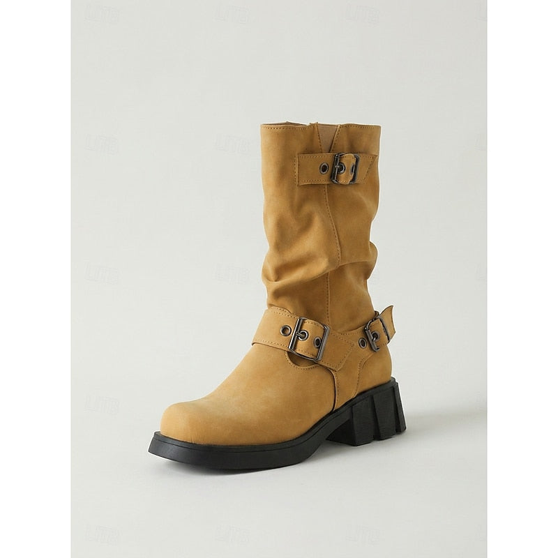 Buckle-Detail Mid-Calf Biker Boots
