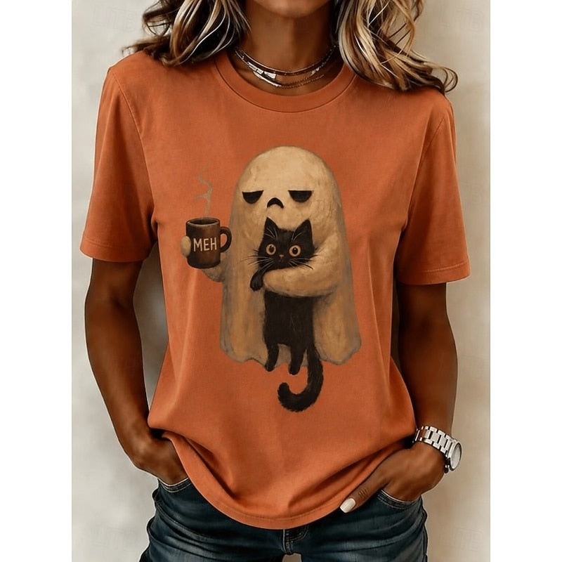 Ghost Cat Halloween Graphic T-Shirt