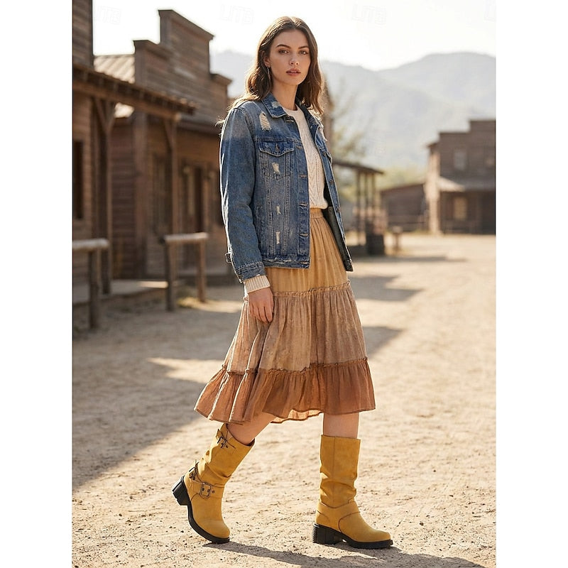 Buckle-Detail Mid-Calf Biker Boots
