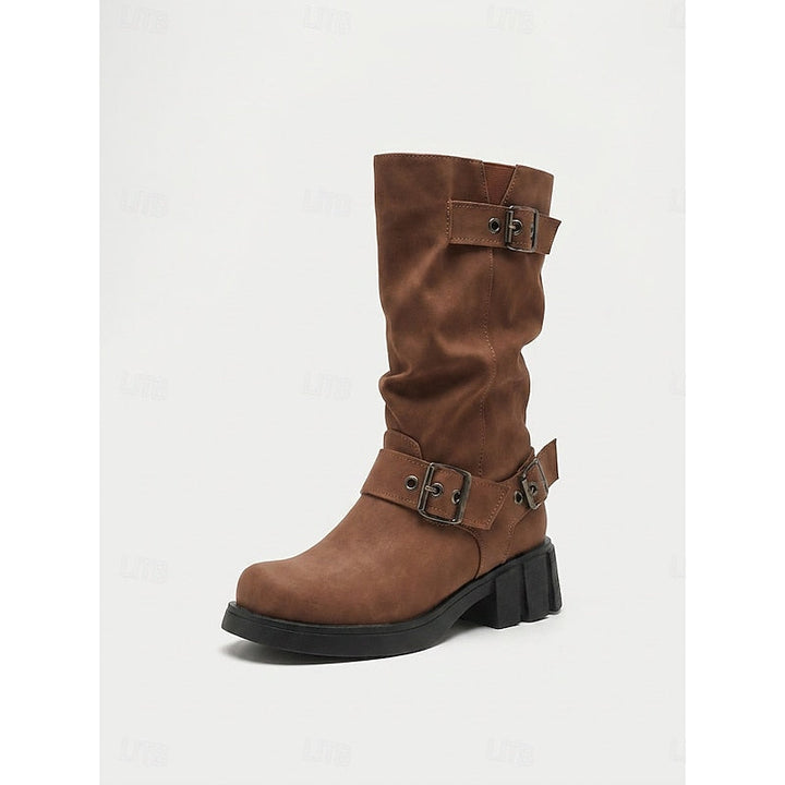 Buckle-Detail Mid-Calf Biker Boots