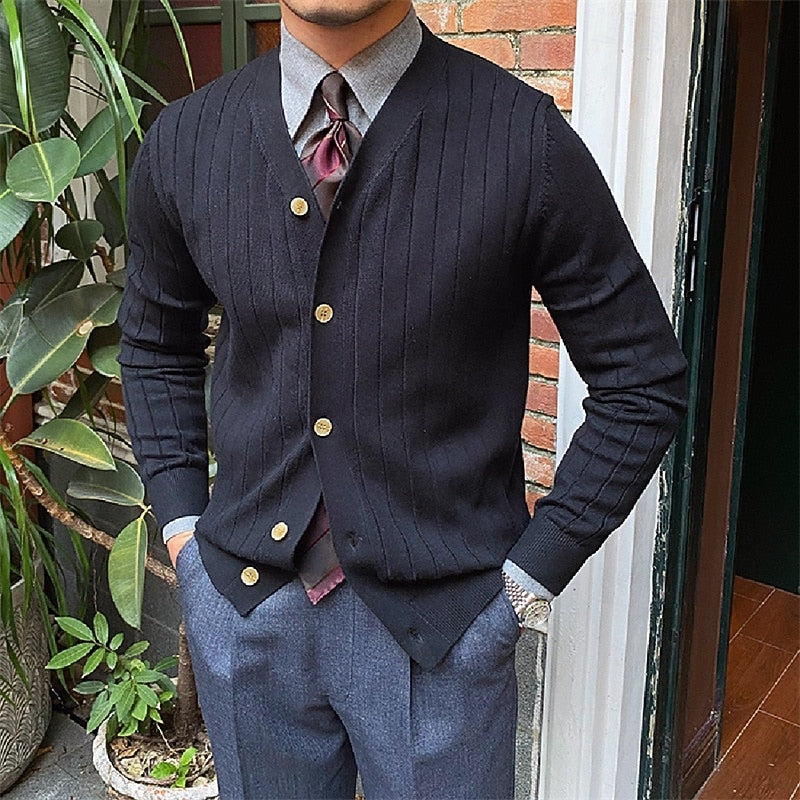 Ribbed V-Neck Button Cardigan