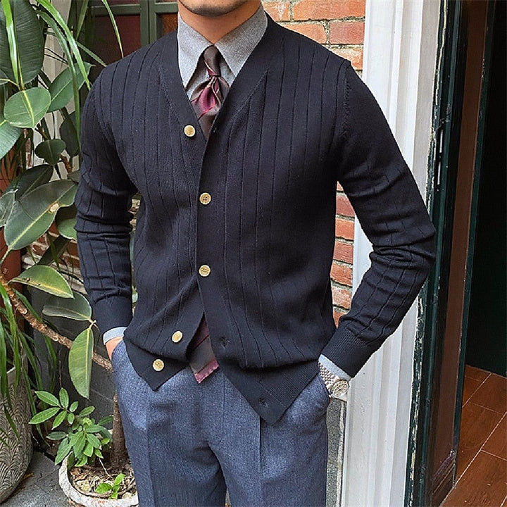 Ribbed V-Neck Button Cardigan