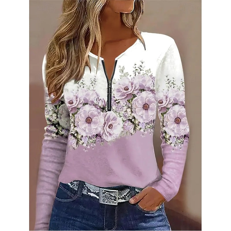 Floral Quarter-Zip Long Sleeve Top