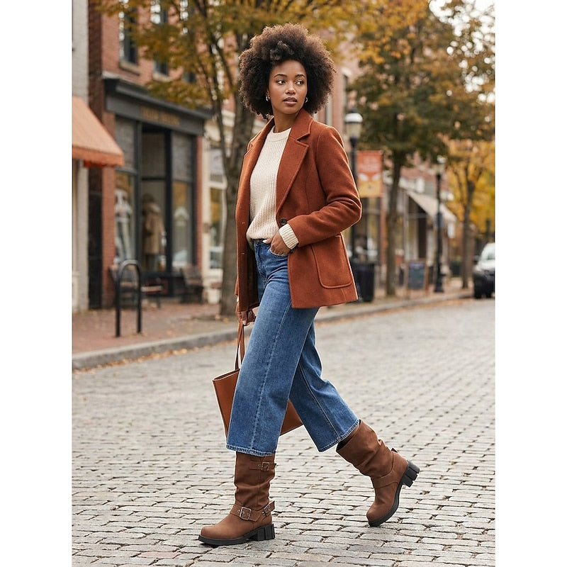 Buckle-Detail Mid-Calf Biker Boots