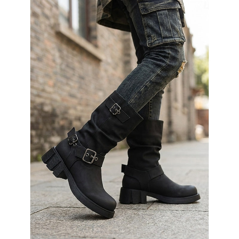 Buckle-Detail Mid-Calf Biker Boots
