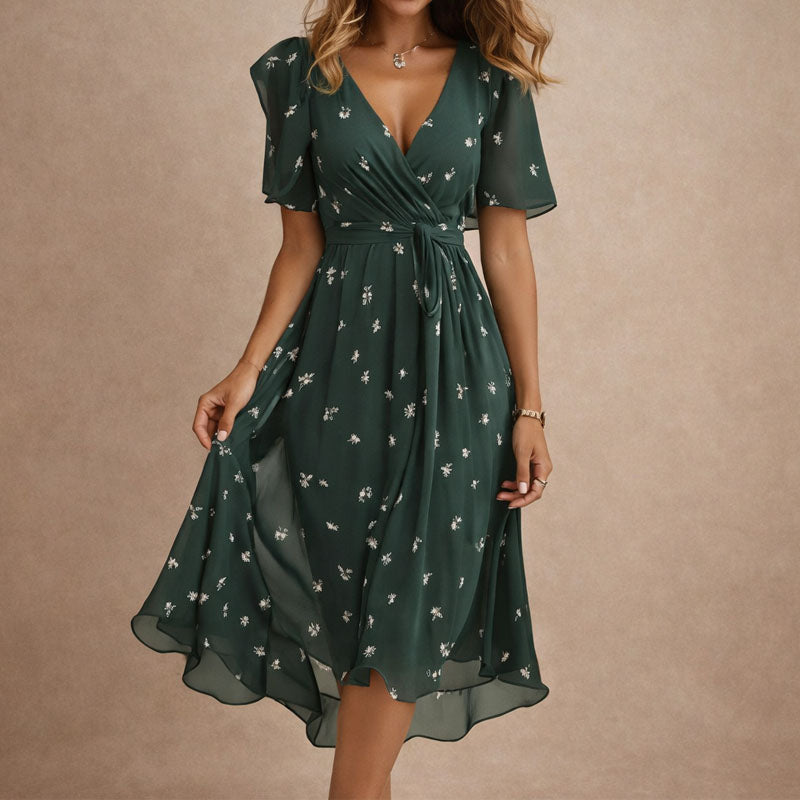 Floral Wrap Flutter Sleeve Midi Dress