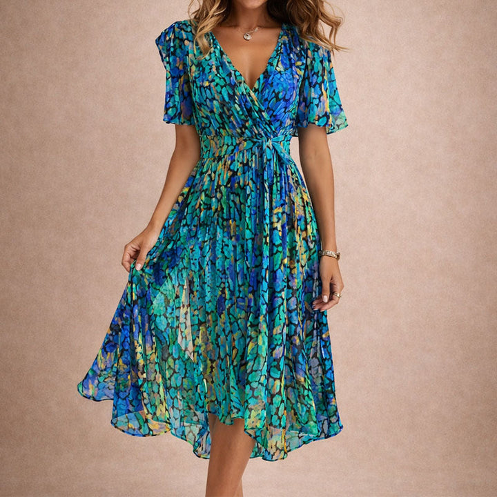 Floral Wrap Flutter Sleeve Midi Dress