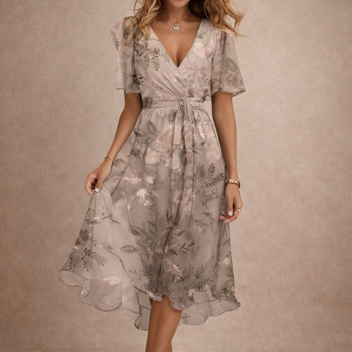 Floral Wrap Flutter Sleeve Midi Dress
