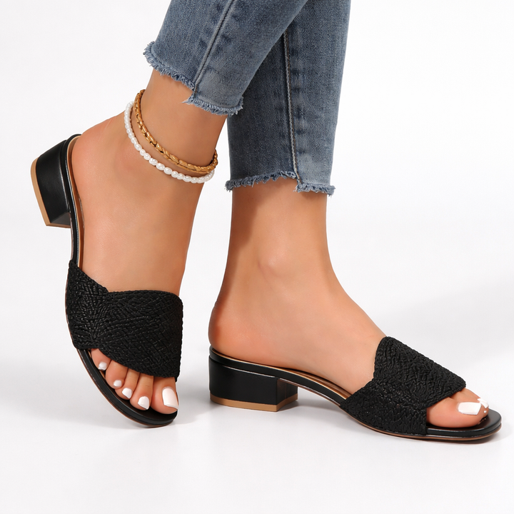Low Block Heel Open Square Toe Mule Sandal