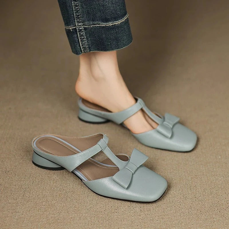 Low Block Heel Square Toe T-Strap Sandals