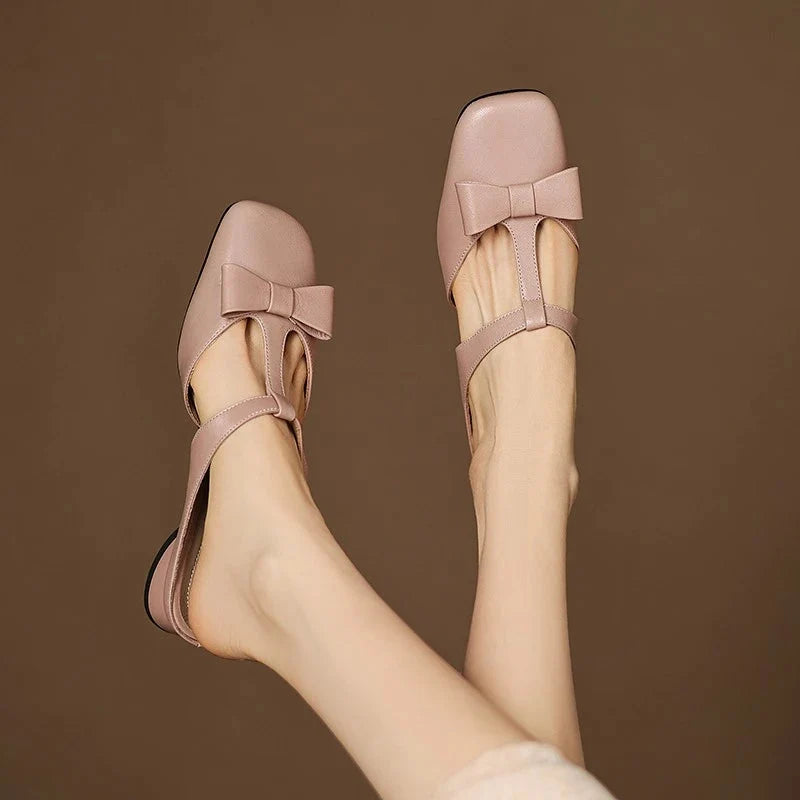 Low Block Heel Square Toe T-Strap Sandals