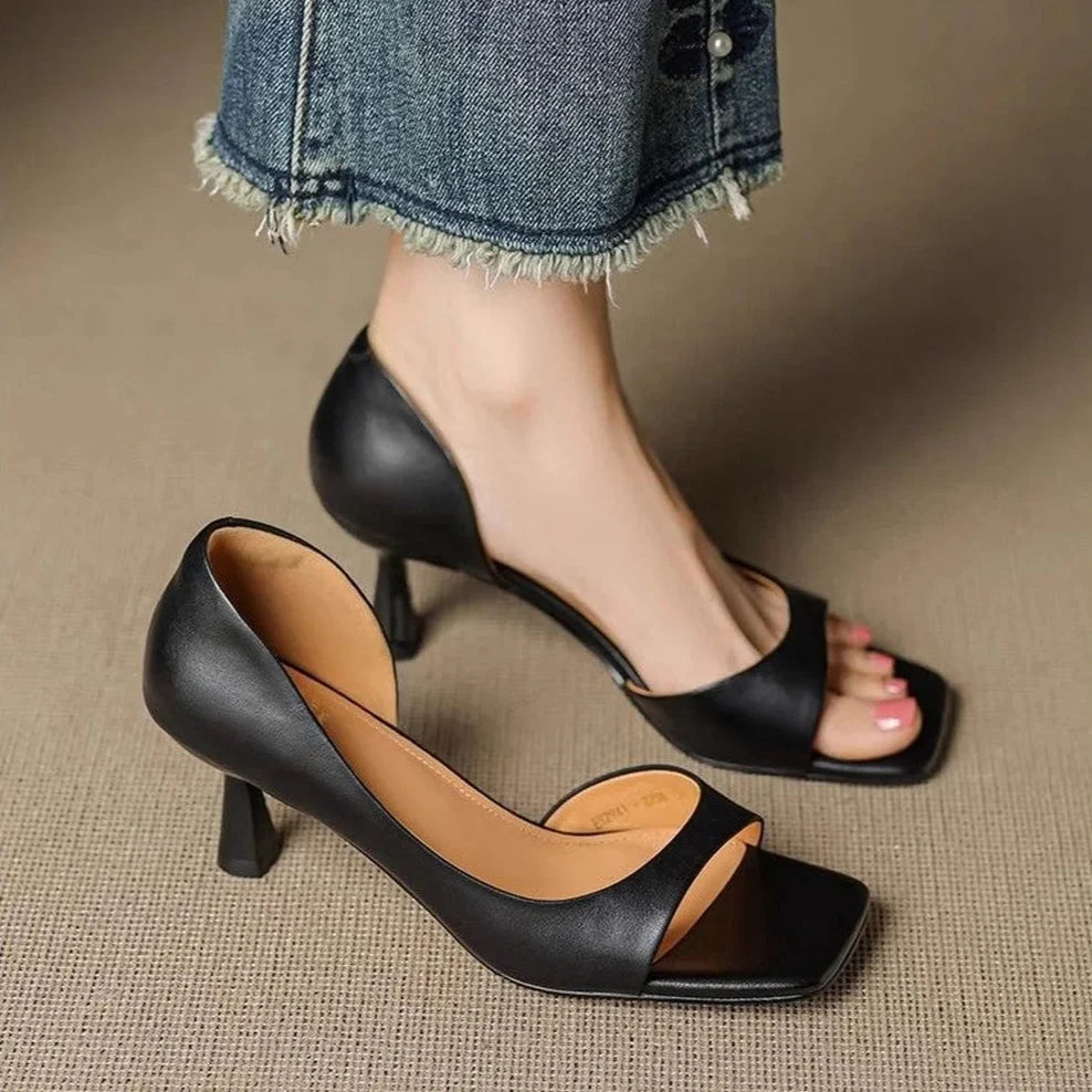 Mid Block Heel Open Square Toe Mules