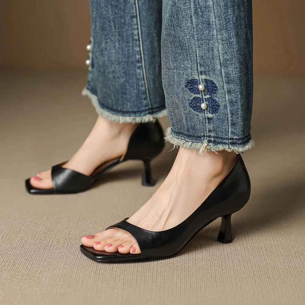 Mid Block Heel Open Square Toe Mules