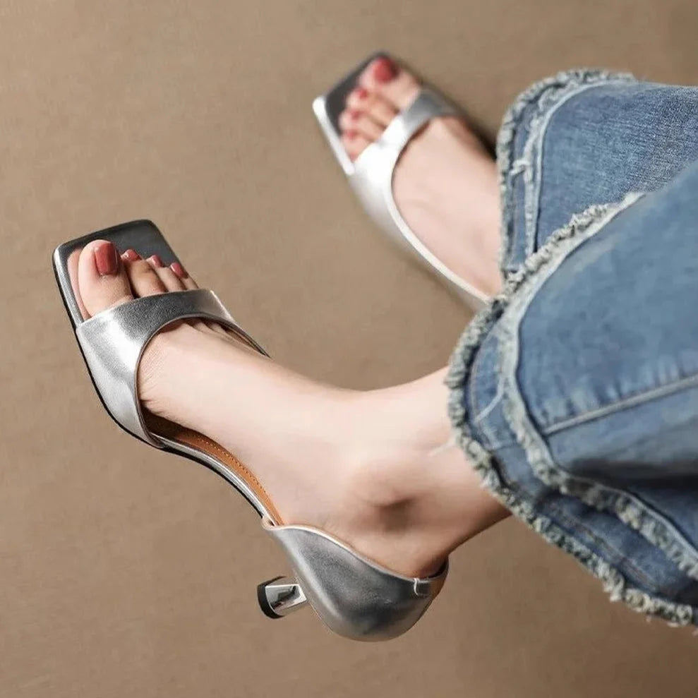 Mid Block Heel Open Square Toe Mules
