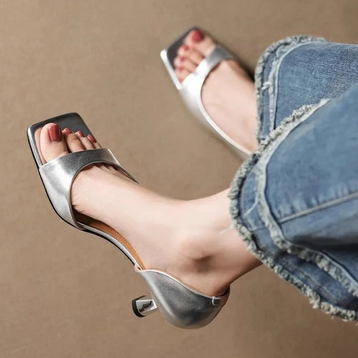 Mid Block Heel Open Square Toe Mules