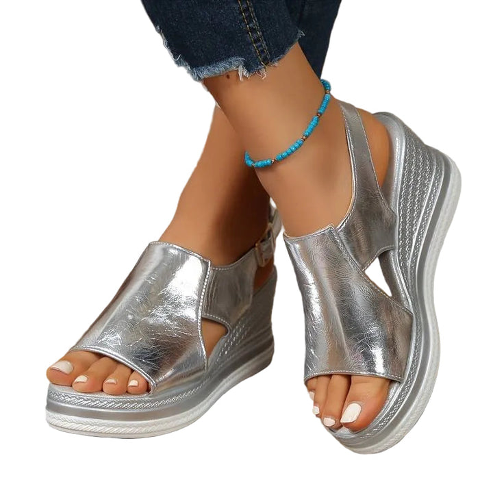 Metallic Wedge Sandals with Cross-Strap Detail
