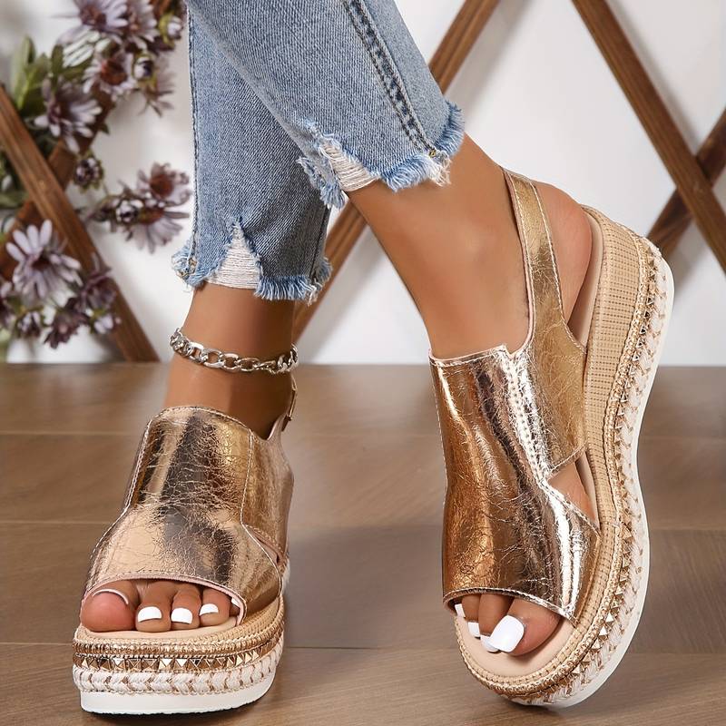 Metallic Wedge Sandals with Cross-Strap Detail