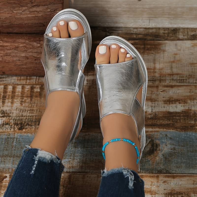 Metallic Wedge Sandals with Cross-Strap Detail