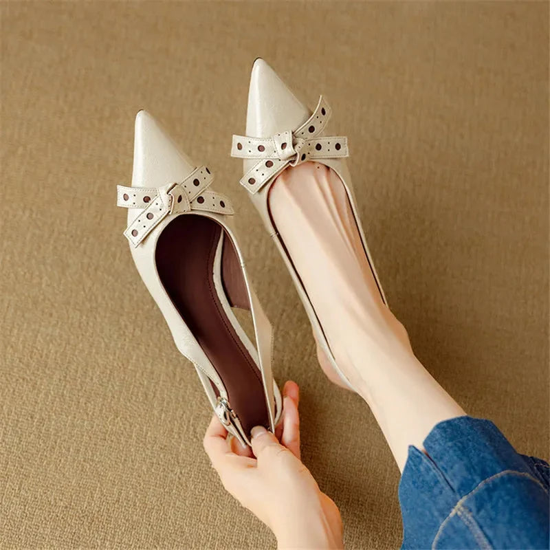 Pointed Toe Slingback Low Heels with Bow