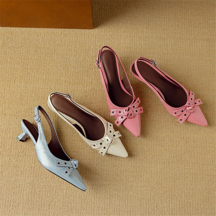 Pointed Toe Slingback Low Heels with Bow