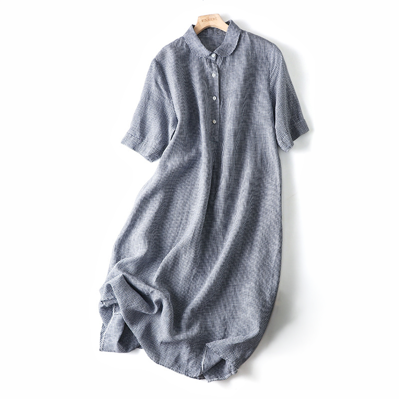 Short Sleeve Plaid Midi Dress with Button Front