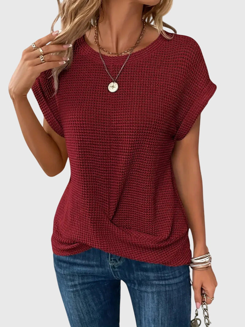 Short Sleeve Textured Knit Crew Neck Blouse