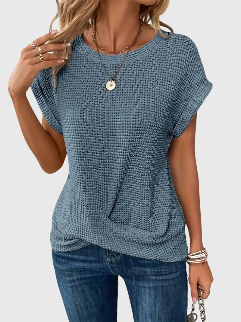 Short Sleeve Textured Knit Crew Neck Blouse