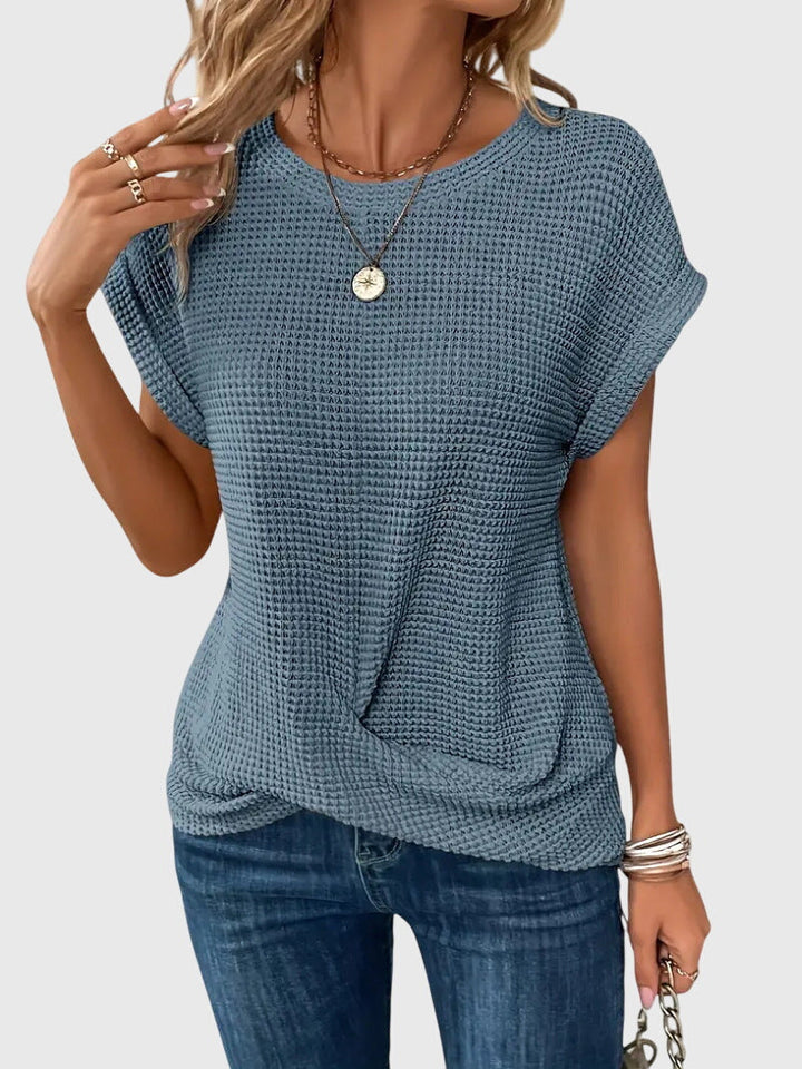 Short Sleeve Textured Knit Crew Neck Blouse