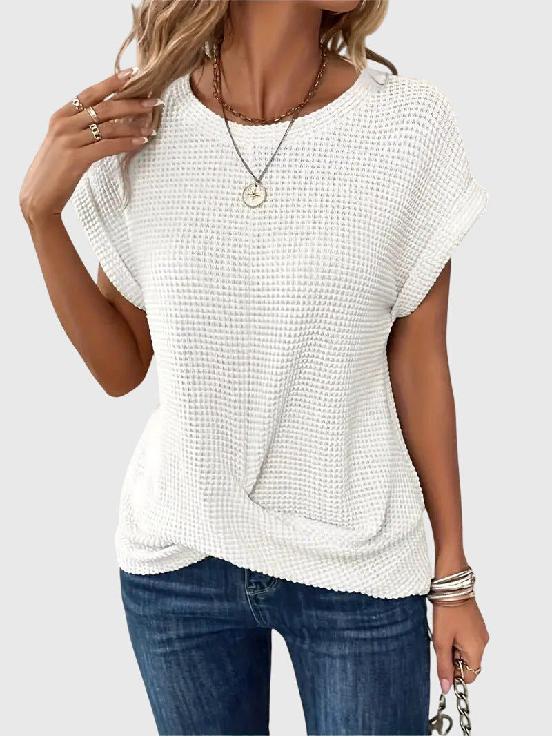 Short Sleeve Textured Knit Crew Neck Blouse