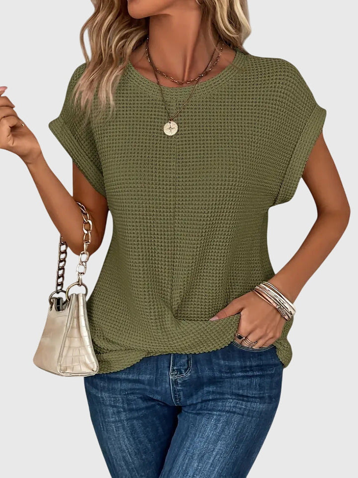 Short Sleeve Textured Knit Crew Neck Blouse
