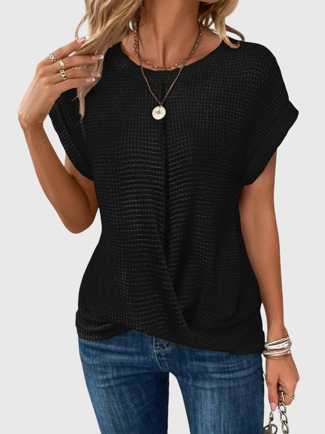 Short Sleeve Textured Knit Crew Neck Blouse