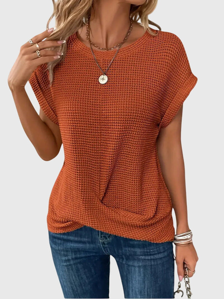 Short Sleeve Textured Knit Crew Neck Blouse