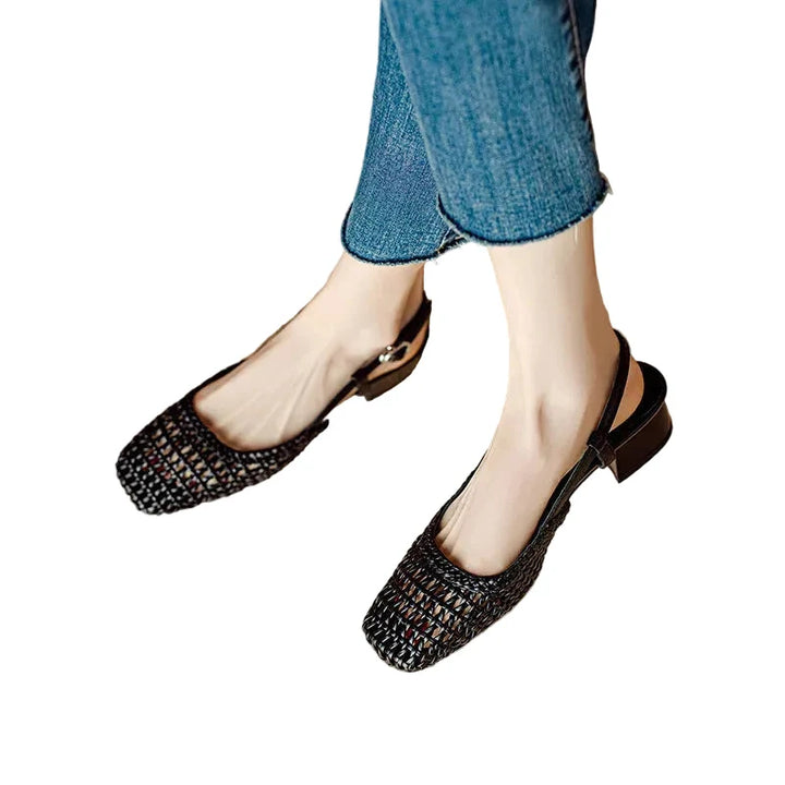 Woven Square Toe Slingback Block Heel Pumps