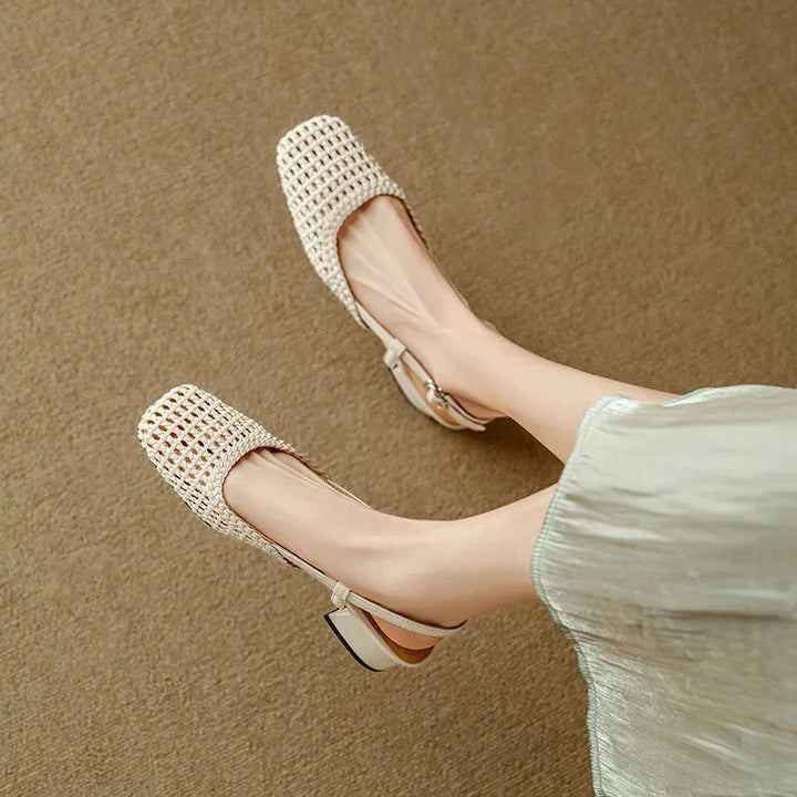Woven Square Toe Slingback Block Heel Pumps
