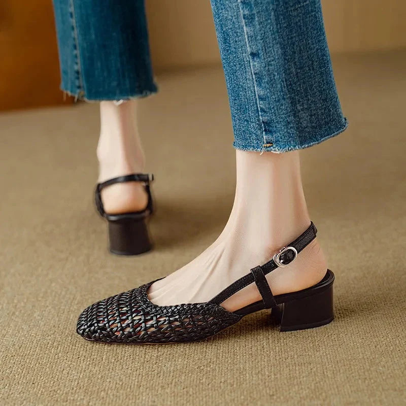 Woven Square Toe Slingback Block Heel Pumps