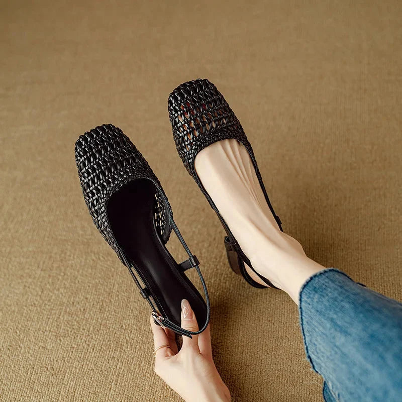 Woven Square Toe Slingback Block Heel Pumps