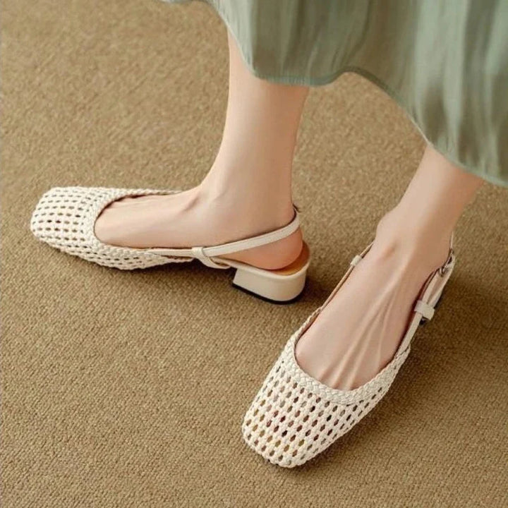 Woven Square Toe Slingback Block Heel Pumps