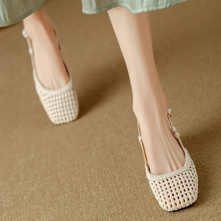 Woven Square Toe Slingback Block Heel Pumps