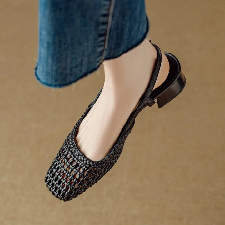 Woven Square Toe Slingback Block Heel Pumps