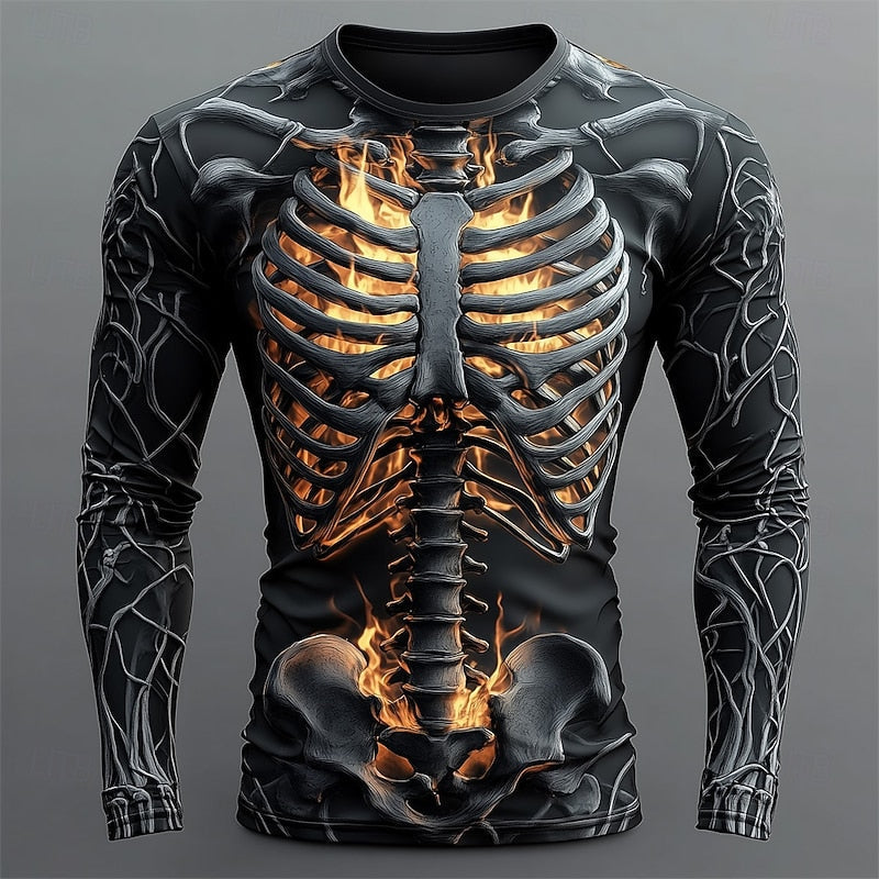 Flame Skeleton Long-Sleeve Halloween Shirt