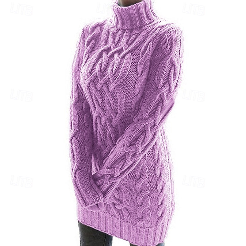 Cable-Textured Turtleneck Sweater Dress