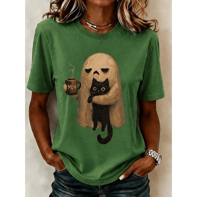 Ghost Cat Halloween Graphic T-Shirt